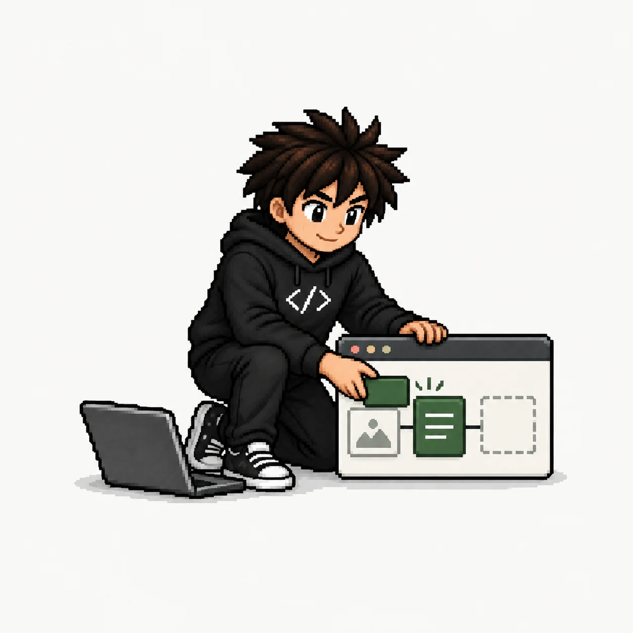El builder encaja el último módulo de su aplicación junto a su laptop.