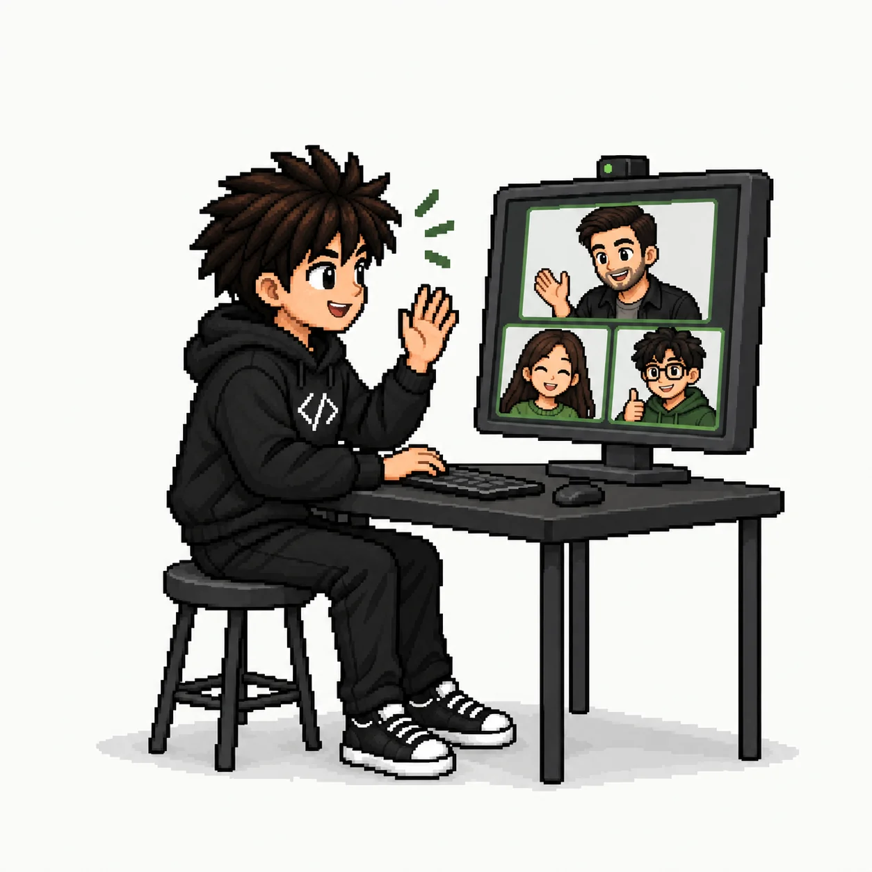 El builder hace una pregunta en una videollamada grupal con su mentor y otros alumnos.