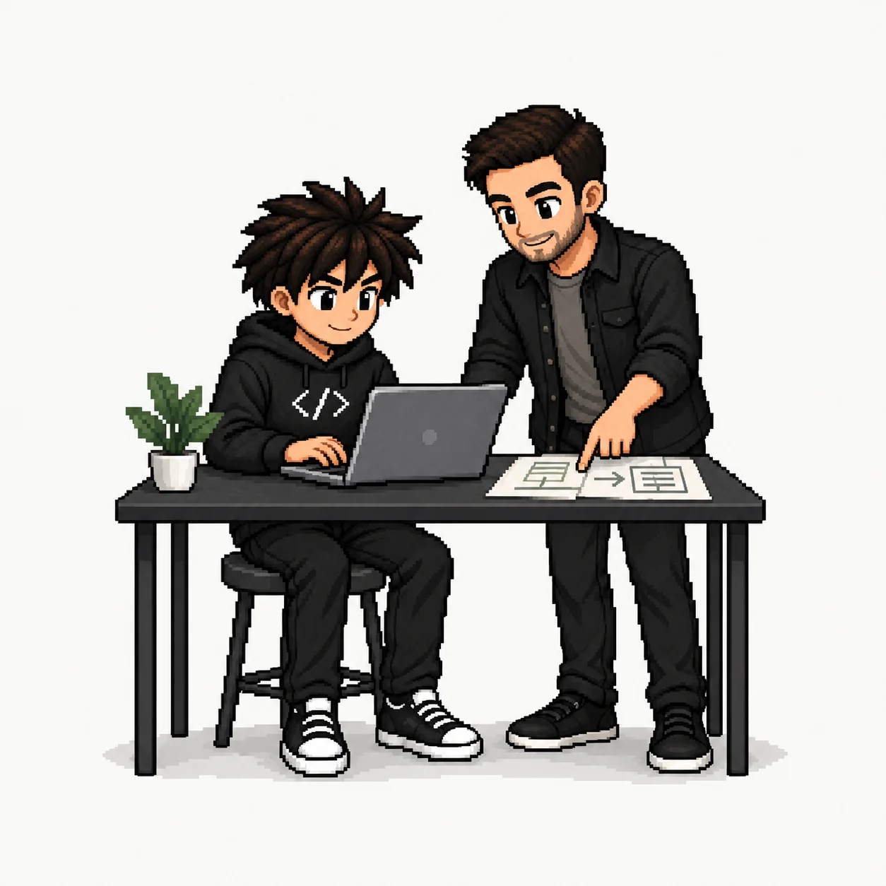 El alumno escribe en su laptop mientras Chris señala una parte del plan de su proyecto.
