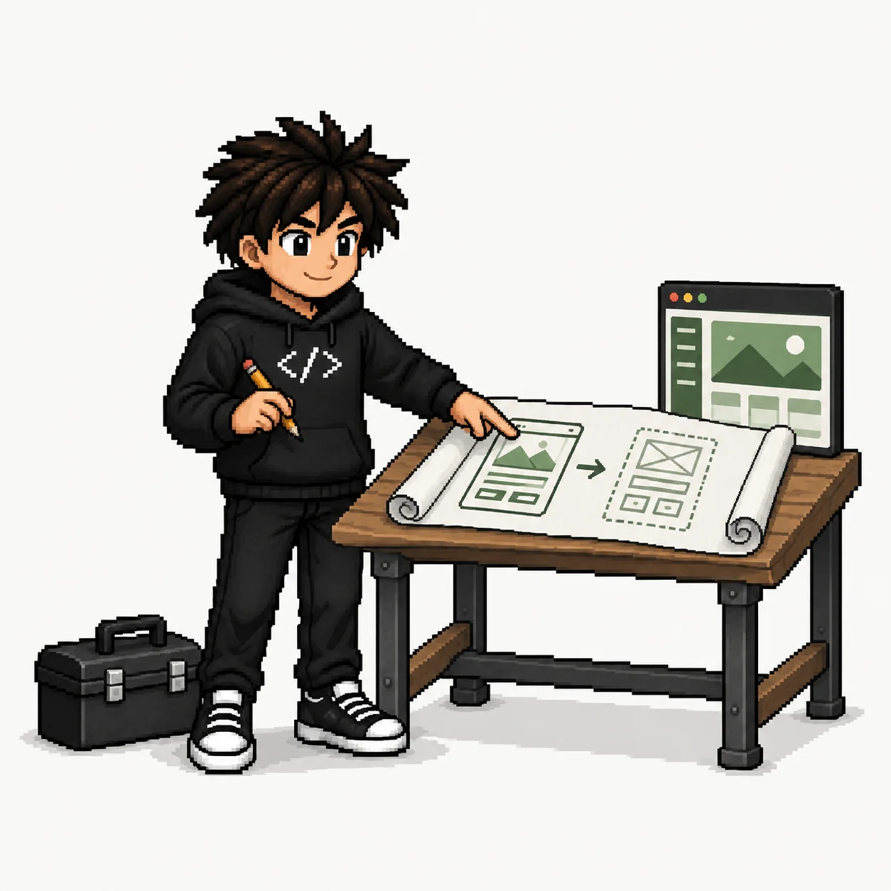 El builder prepara el plano de una segunda aplicación junto a su caja de herramientas y un proyecto terminado.