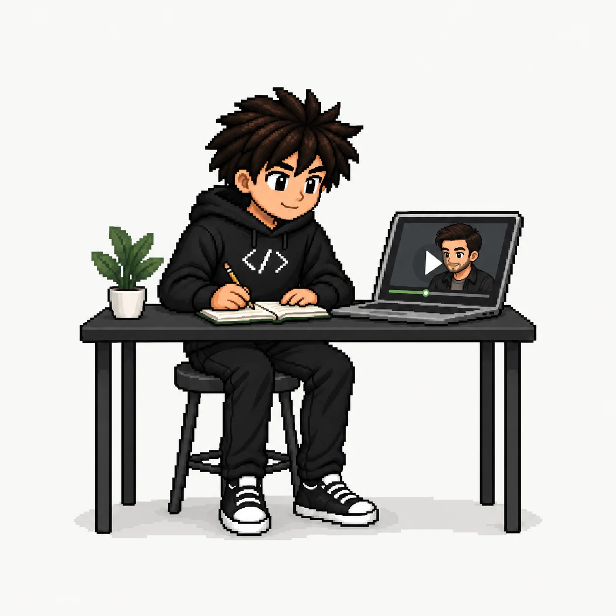 El builder repasa una clase grabada y toma notas junto a su laptop.